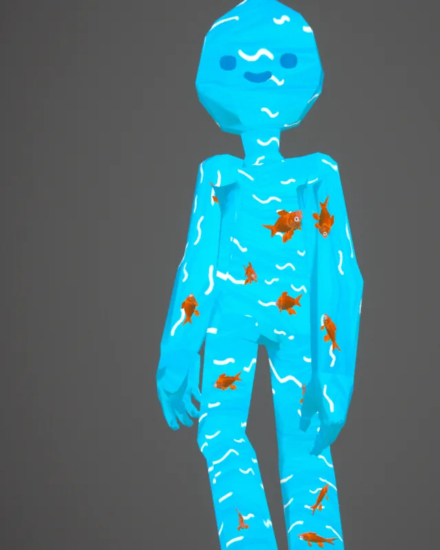 Goldfish Bag Person — a translucent blue water-bag figure with live goldfish swimming inside.